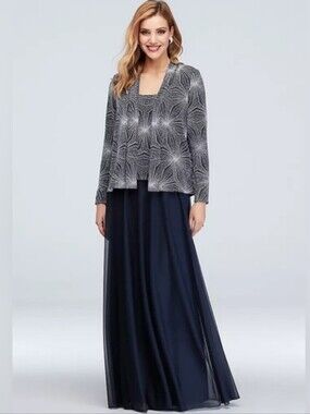 Cachet Women's Plus Size 14: Navy Glitter - Elegant Floor-Length Dress & Jacket